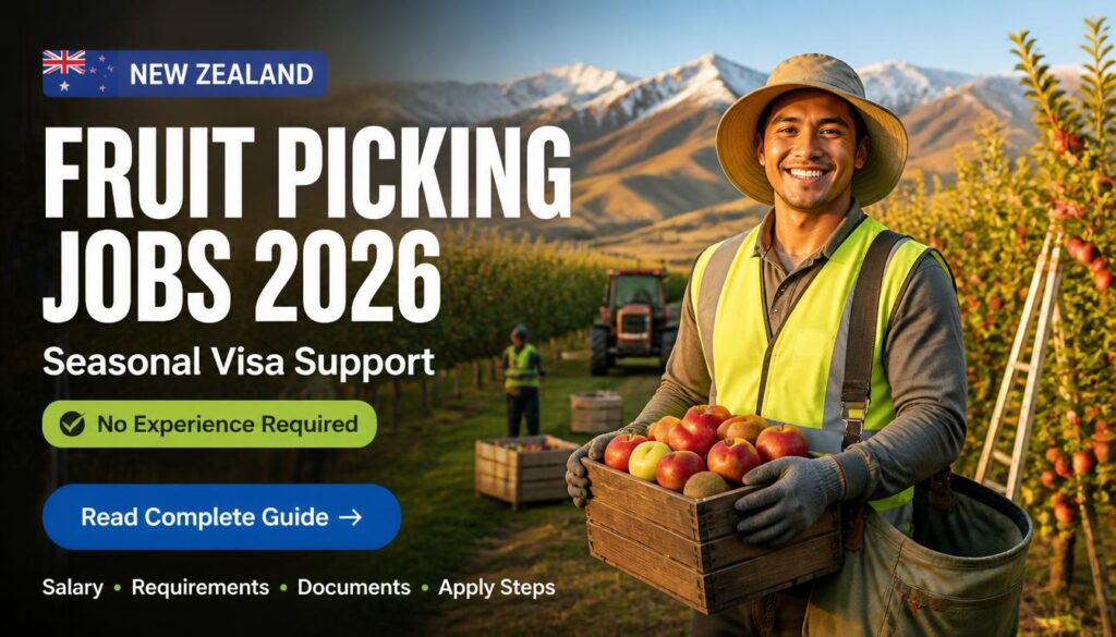 A fruit picker harvesting apples in a New Zealand orchard during harvest season