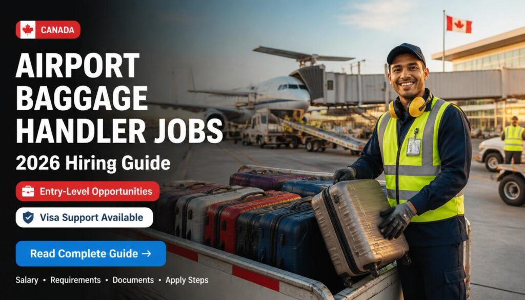 A baggage handler loading luggage onto an airport cargo cart in Canada