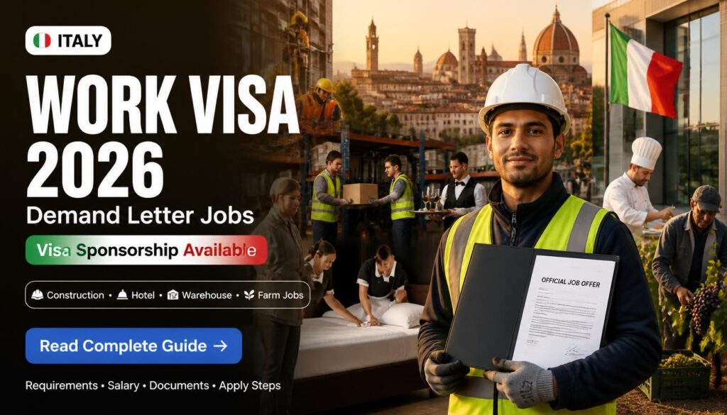 Construction, hospitality, and warehouse workers featured in an Italy work visa hiring campaign for 2026