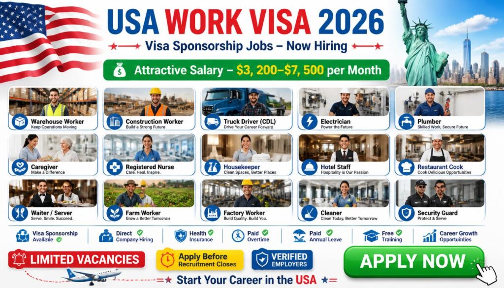 A collage of US visa sponsorship job roles including construction, healthcare, hospitality, and warehouse work