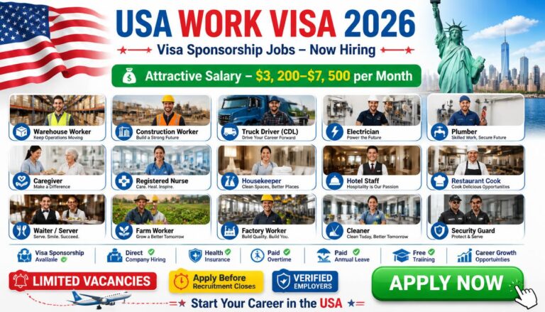 A collage of US visa sponsorship job roles including construction, healthcare, hospitality, and warehouse work